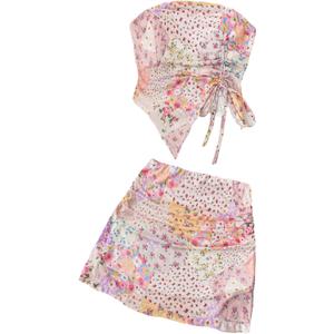 GORGLITTER Women's Floral Print Two Piece Sets Outfits Mesh Strapless Asymmetrical Tube Top and Bodycon Mini Skirt Sets (Pink, M)