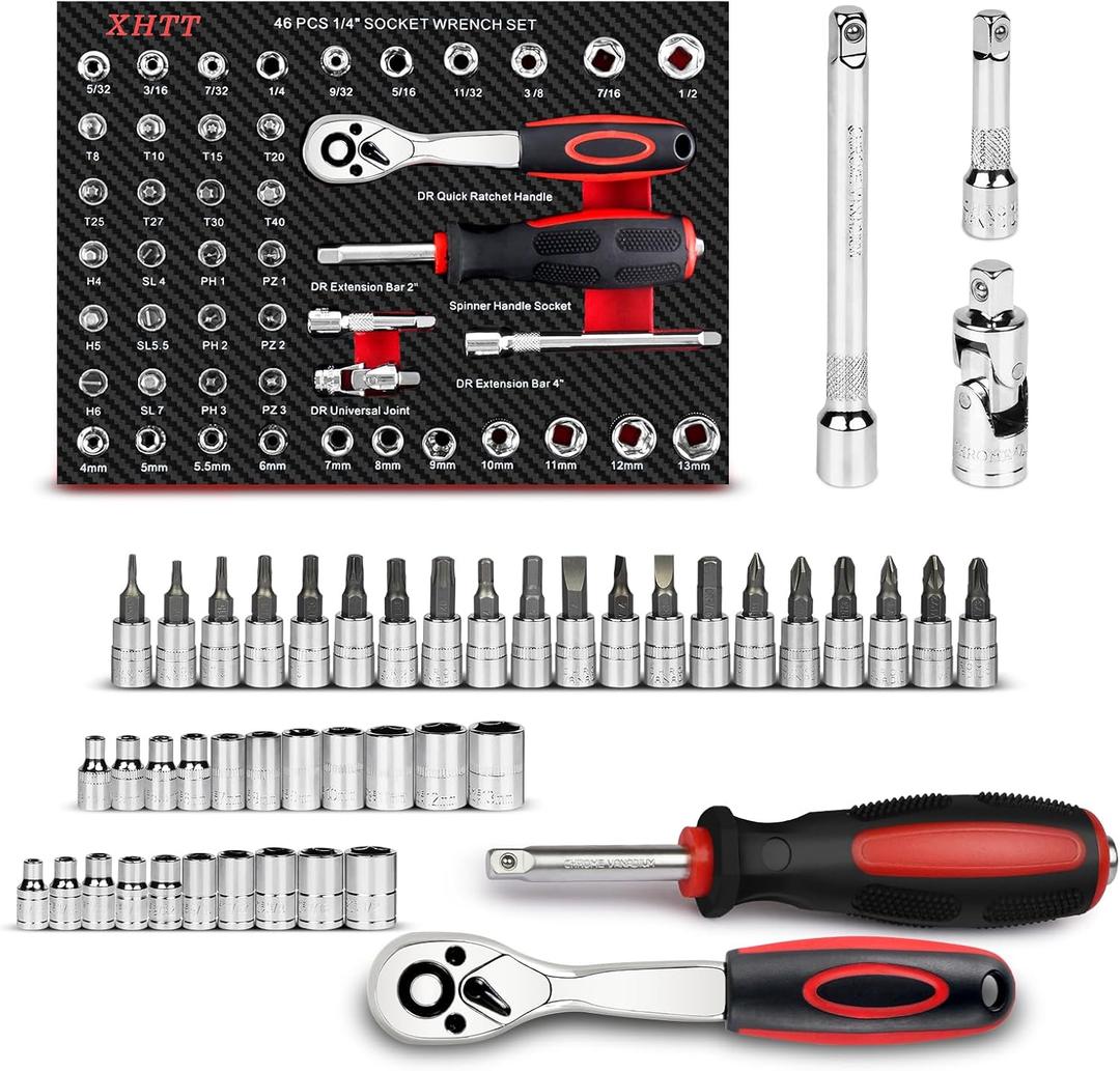 1/4"Drive Socket Set 46 Pcs,Metric And SAE Mechanics Tools Kit,Bit Socket Sets, 72 Tooth Reversible Ratchet Wrench, Universal Joint, Extension Bars, Spinner Handle, With EVA Storage Tray, CR-V Steel