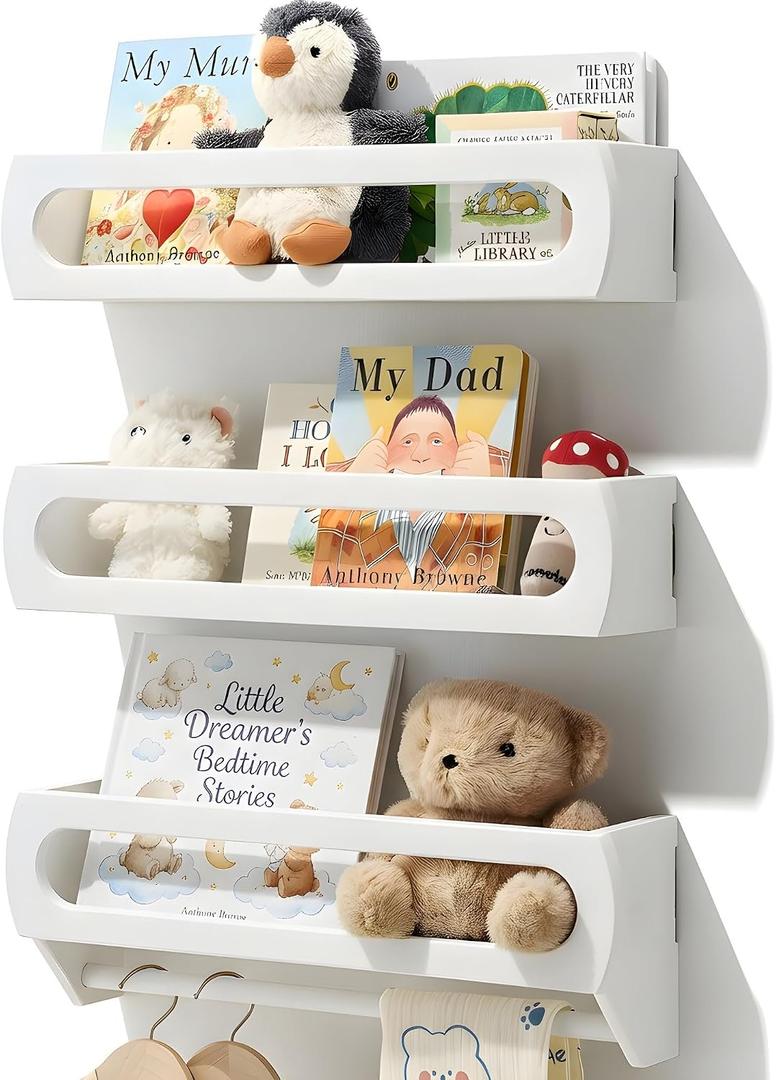Nursery Shelves for Wall, Premium Bamboo Wood, Fully Assembled - Nursery Book Shelves, Book Shelf for Kids Rooms, Multi-Use Floating Shelves for Wall, Set of 3 (White, 16.5 Inches)