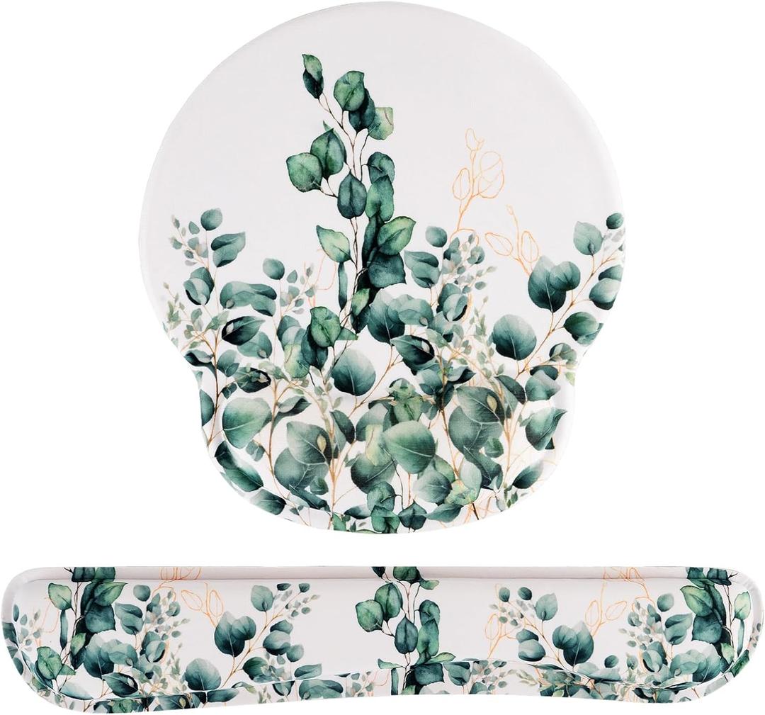 Mouse Pad Wrist Support Keyboard Wrist Rest Set, Ergonomic Mouse Pad with Non-Slip Base for Computer Laptop Home Office Coasters, Easy Typing & Pain Relief Mouse Mat (Eucalyptus)