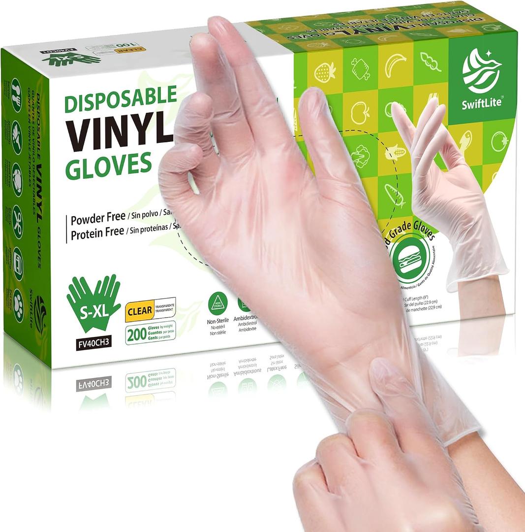 SWIFTLITE Disposable Vinyl Gloves, Food Safe, Latex-Free Powder-Free Clear Plastic Gloves for Cooking, House Clean, Food Prep X-Large