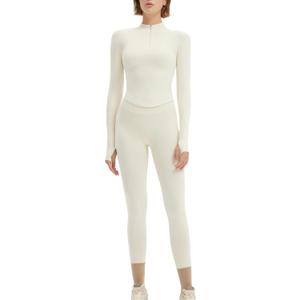 SUUKSESS Workout Sets for Women 2 Piece Seamless Long Sleeve Yoga Outfits Active Leggings Half Zippy Jacket Gym Set (Medium, Apricot)