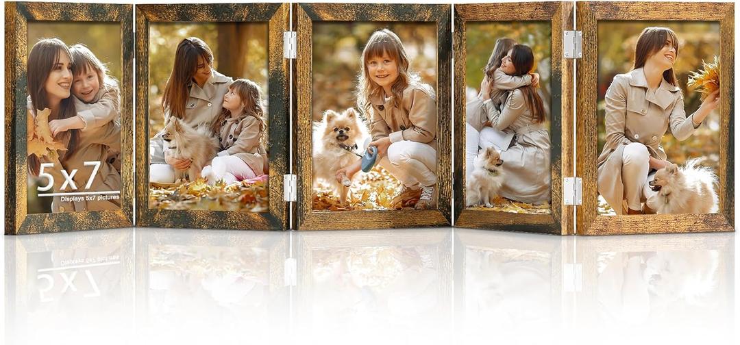 DUENPY 5 Folding 5x7 Picture Frame Horizontal Engineered Wood Accordion Photo Frame with Plexiglass Tabletop Bookshelf Display Brown