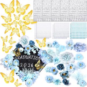 Hoteam DIY Graduation Cap Decorations Kit Included Faux Flowers 3D Butterfly Self Adhesive Rhinestones Glitter Alphabet Letter Stickers for 2026 Grad Cap Topper Party Gifts Decor(Blue)
