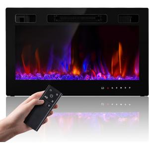 Electric Fireplace Insert 36" Realsmart 1500W Wall Mounted Fireplaces Recessed Heaters Remote Control Slim Black Fireplace Touch Screen Timer 12 Flame Colors LED Decor Low Noise