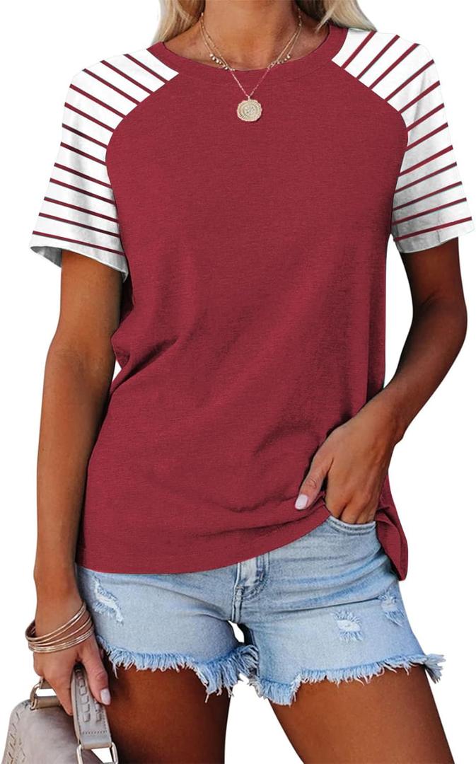 Womens Tops Summer Short Sleeve Shirts Raglan Striped T-Shirts (X-Large, Red)