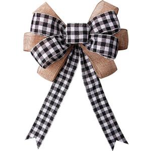 Black White Plaid Bows Holiday Ornaments Burlap Wreaths Gift Bows Door Ornaments for Holiday Birthday Party Decoration