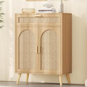 Rattan Buffet Cabinet with Storage, Sideboard with Drawer & Adjustable Shelf, Accent Kitchen Floor Storage Cabinet with 2 Doors & Solid Wood Feet, Coffee Bar for Living Room, Entryway, Natural Oak, 27.6"Wx 11.8"Dx 39.8"H