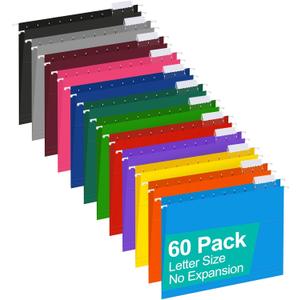 HERKKA Hanging File Folders, Pack of 60 Reinforced Letter Size Hanging Folders with Heavy Duty 0 Inch Expansion, Designed for Bulky Files, Medical Charts, 1/5-Cut Adjustable Tabs, 12 Assorted Colors