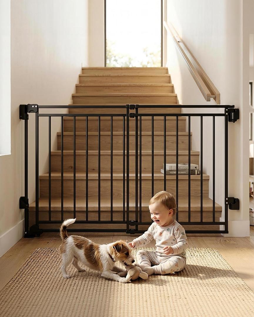 Extra Wide Baby Gate for Stairs Doorways & Kitchen,32"-54" W x 29" H, No Bottom Bar Dog Gate, One-Handed Auto-Close, Hardware Mount Safety Gate for Dogs & Toddlers, Black
