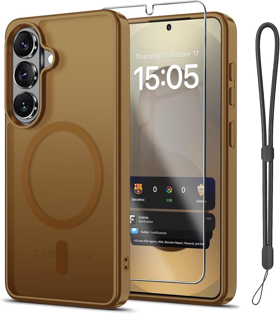 Janmitta Magnetic for Samsung Galaxy A37 5G Case,with Screen Protector+Wrist Strap,Compatible with MagSafe,Military Grade Drop Protection,Shockproof Slim Translucent Matte Phone Cover,Brown