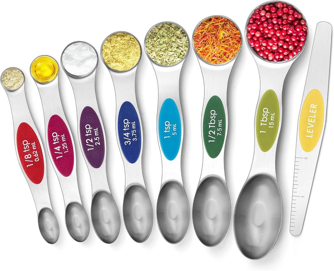 Urbanstrive Magnetic Measuring Spoons Set Stainless Steel, Dual Sided for Liquid Dry Food, Measuring Cups Spoons Set Fits in Spice Jar, Kitchen Gadgets, Cooking Utensils Set, Including Leveler, 8Color (Colorful)