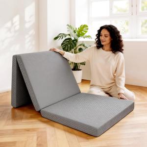 Tri-Folding Mattress, 3 Inch Portable Folding Mattress Topper with a Collapsible and Washable Cover, Portable Floor Bed for Travel, Fold Up Guest Bed, Camping and Yoga (Full, Gray)
