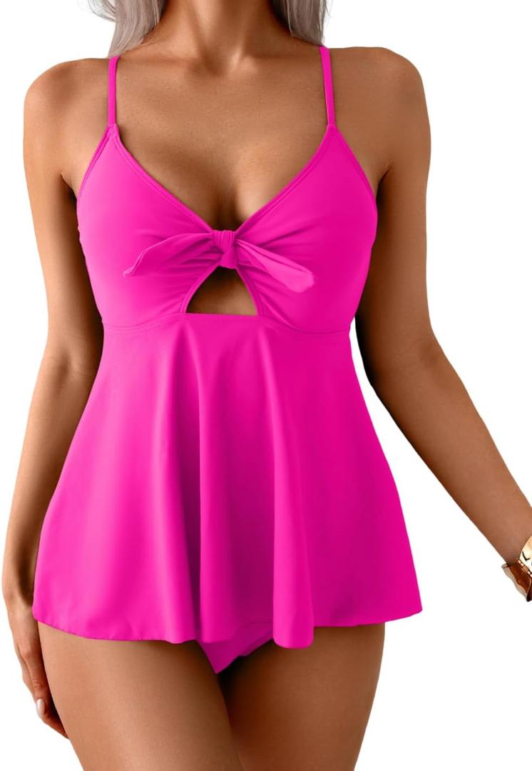 Eomenie Two Piece Tankini Swimsuits for Women Tummy Control Cutout Bathing Suit Tie Knot Flowy Swim Dress with Bottom (Pink, XL)