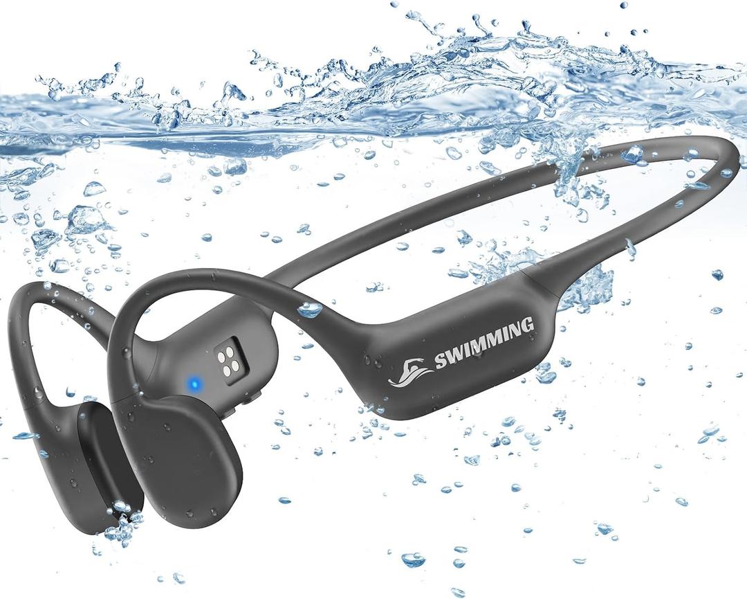 SAMVEK Bone Conduction Headphones IP68 Waterproof Swimming Headphones Open Ear Headphones with MP3 Mode 32GB Memory Up to 10 Hours Playtime Bluetooth 5.4 Ear Buds Secure Fit for Running and Fitness, Cool Gray