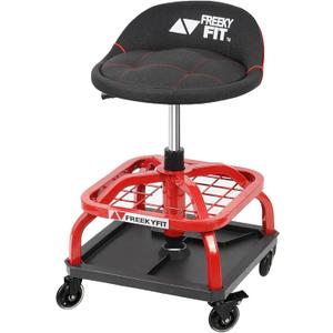 Rolling Shop Stool with Wheels, Garage Work Mechanic Stool with Backrest, Roller Mechanic Chair, Adjustable Height, 360 Swivel, Tool Tray Storage, 330 LBS Capacity, Heavy Duty, Red