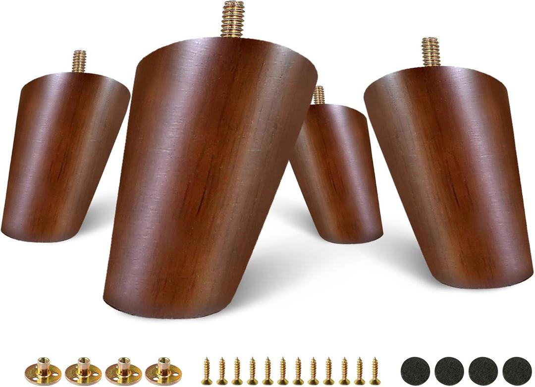 FoDau770 Brown Rubber Wood Furniture Legs 3 Inches, Slant Tapered Wood Feet Mid Century Sofa Legs Set of 4, 5/16" UNC Furniture Feet Replacement Parts for Cabinet Couch Dresser Chair Ottoman Table