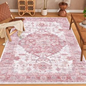 8x10 Area Rugs for Living Room & Bedroom - Washable Boho Vintage Pink Low Pile Large Area Rugs - Non Slip, Ultra Soft Home Decor for Dining Room & Kids Playroom
