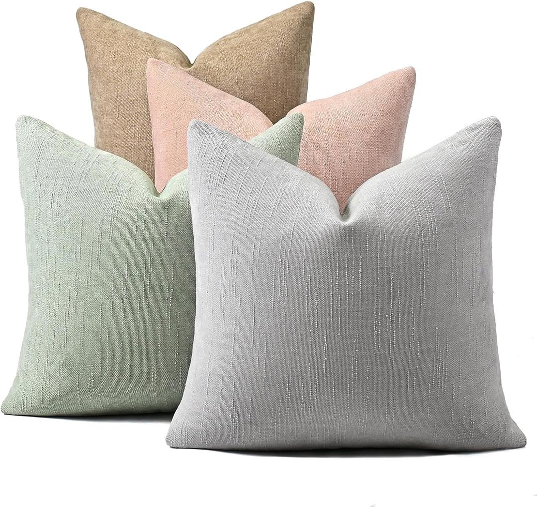 Farmhouse Decor Throw Pillow Covers 18x18 Inch Set of 4, Solid Textured Cushion Covers for Couch, Sofa, Bed – Beige, Light Grey, Pink, Light Green