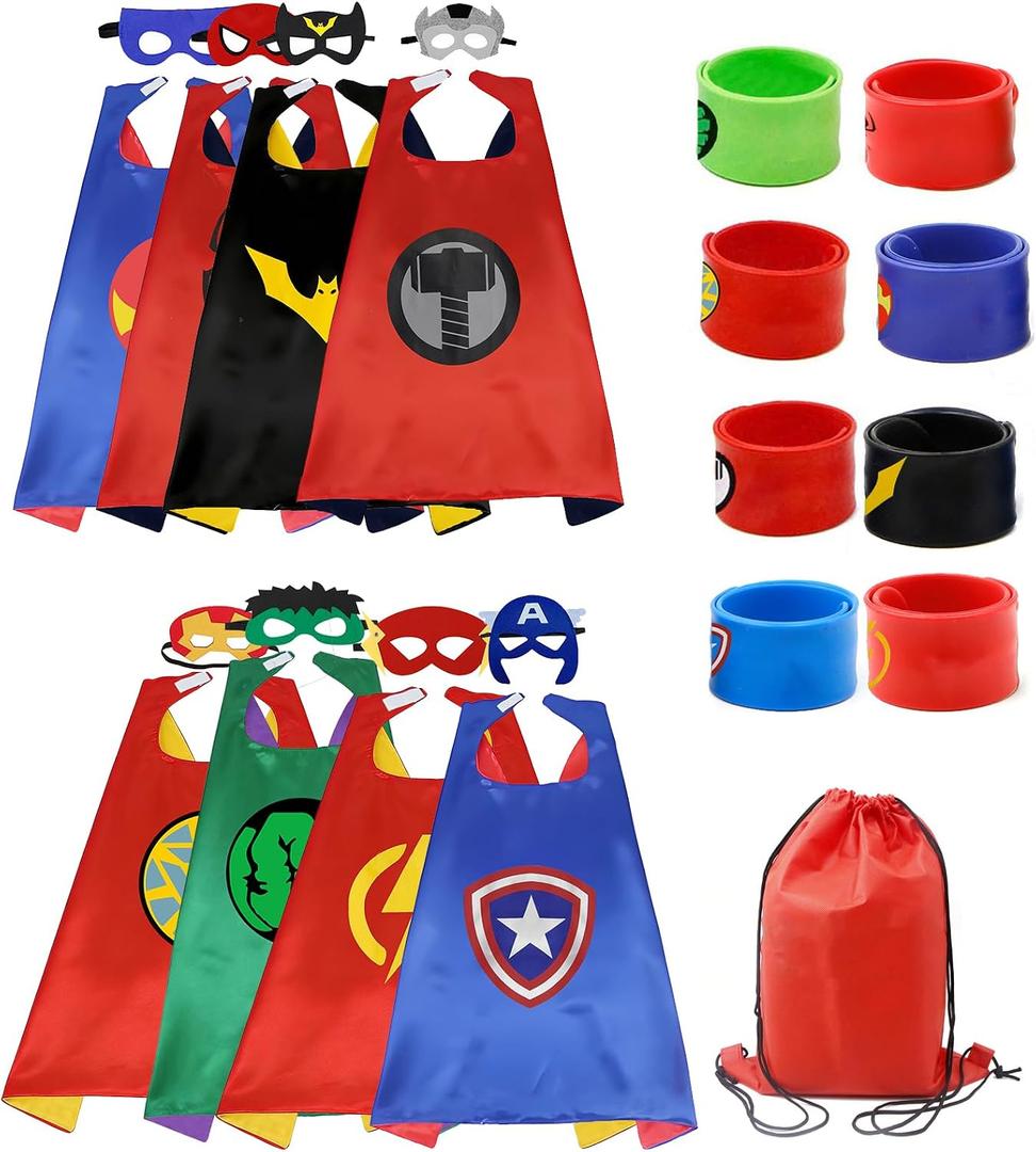 Kids Superhero Cape and Mask Set,Dress Up Costume with Slap Bracelets,Perfect for Birthday Patry,Halloween Cosplay (Red)