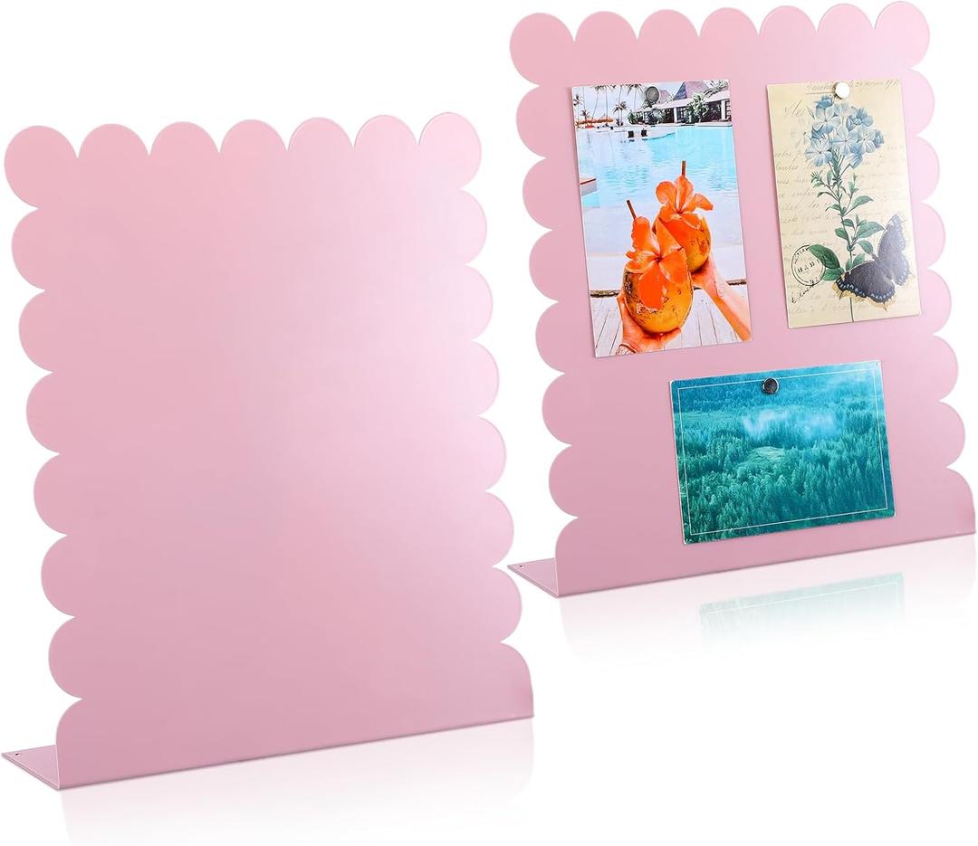 Gueevin 2 Pcs Magnet Board Standing Magnetic Metal Board for Desk and Wall 12.6" x 11" Scalloped Magnetic Display Stand for Memos, Photos and Documents Home Office School Supplies(Pink,Medium)