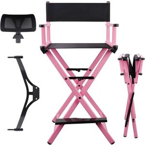 Lorvain Pink Foldable Makeup Artist Stool Chair, Aluminum Makeup Chair with Head Rest for Studio Salon Vanity, Bar Height, 8.66 inches x 20.48 inches x 37.6 inches