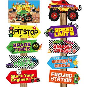 Chinco 20 Pieces Truck Party Sign Truck Theme Birthday Decorations Checkered Colorful Car Cardboard Cutouts Backdrop Door Porch Yard Welcome Sign Party Favors for Outdoor Indoor Home Bedroom