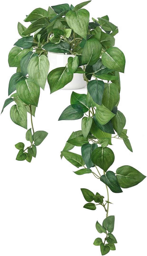 Mkono Fake Hanging Plants with Ceramic Pot, 26" Realistic Artificial Plants for Home Decor Indoor Faux Green Leaf Plant with Modern White Planter for Desk Shelf Bathroom Decoration (Pothos)
