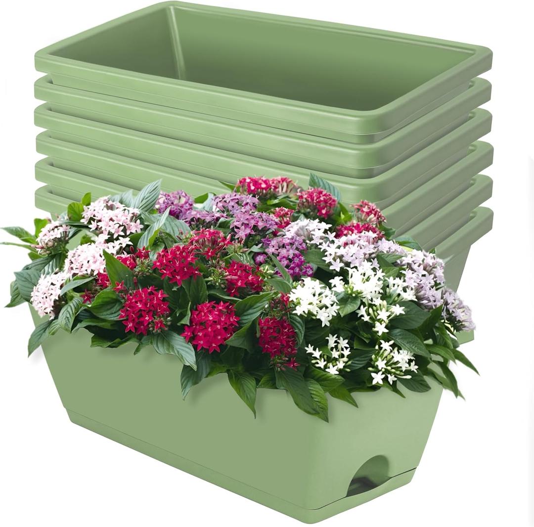 Window Box Planter, 7 Pack Plastic Vegetable Flower Planters Boxes 17 Inches Rectangular Flower Pots with Saucers for Indoor Outdoor Garden, Patio, Home Decor (Aqua)