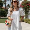 Womens Boho Summer Dresses V Neck Short Sleeve Casual Beach Vacation Dress Women Hem Floral Eyelet with Pocket (L)