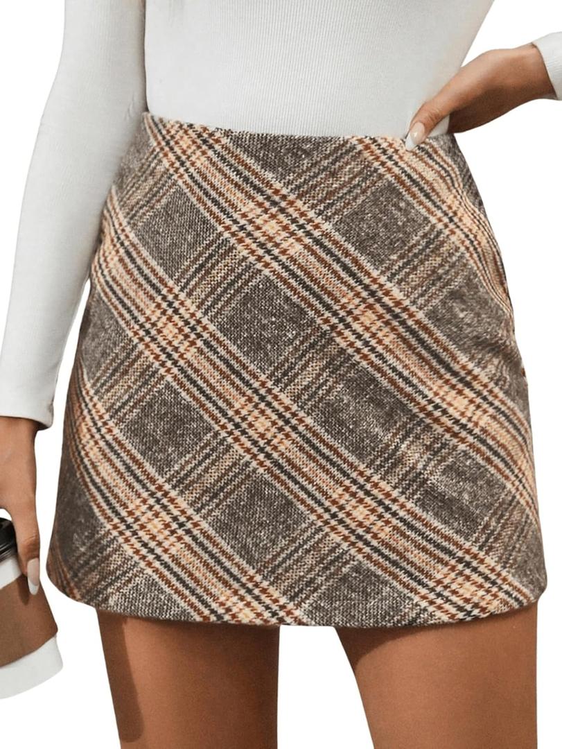 MakeMeChic Women's Plaid Mini Skirt High Waist Pencil Bodycon Short Fall Skirts (Large, Beige)