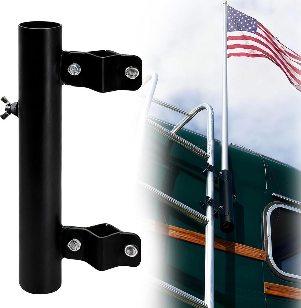 RV Ladder Flag Pole Mount, RV Flag Holder Compatible with 1'' to 1.7'' Poles for Travel TrailerBlack
