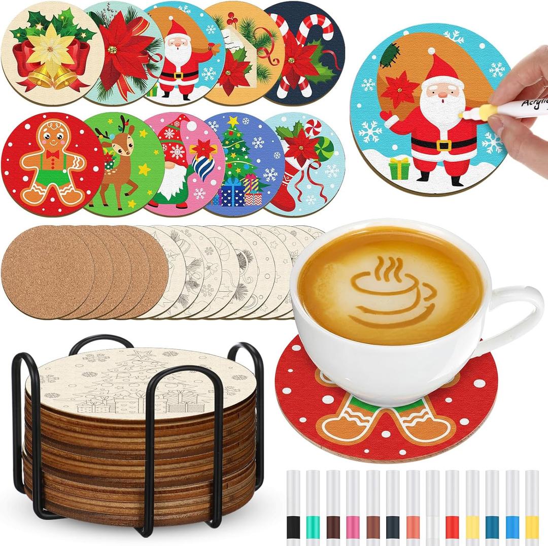 45 Pcs Wooden Coasters Painting Set with Markers 4 Inch Boho Drink Coaster Gift Arts and Crafts DIY Kit for Adults, Women, Hobby, Ornament Home Apartment Decor (Christmas)