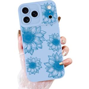 OOK Floral Case for iPhone 17 Pro Max, Cute Blue Sunflower Blooms | Soft TPU, Shockproof Protective Slim Flower Phone Cover for Women Girls