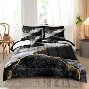 Black Marble Comforter Set - Queen Size, Gold Metallic Marble Pattern, Boho Hippie Style, 3 Pieces (1 Comforter, 2 Pillowcases)