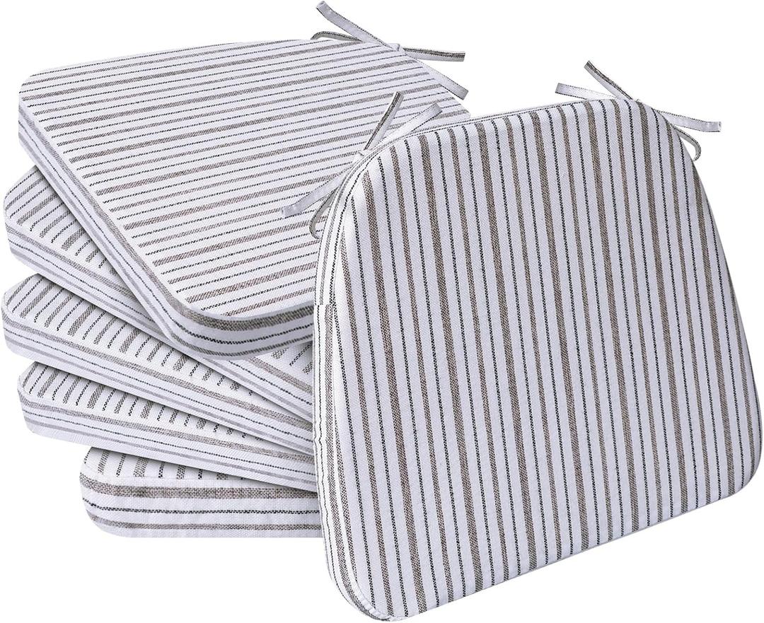 AAAAAcessories D-Shaped Chair Cushions, 2" Thick Dining Chair Pads with Ties and Removable, Machine-Washable Cover, 17" x 16", Set of 6, Pinstripe Brown