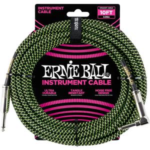 Ernie Ball Braided Instrument Cable, Straight/Angle, 10ft, Neon Green/Black (P06077)