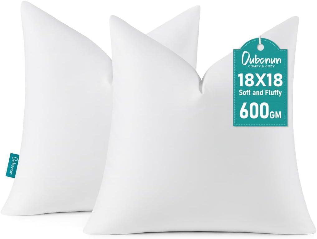 Oubonun 18 x 18 Down Feather Throw Pillow Inserts - Fluffy and Plush Odor-Free Fill - 100% Breathable Cotton Fabric for Couch Sofa Bed, White, Pack of 2