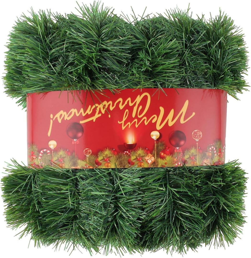 50FT Green Christmas Garland Decorations, Christmas Artificial Pine Greenery Garland Outdoor Indoor Decor, Straight Faux PVC Soft Garland for Stairs Railing Fireplace Window Mantle Home Party Decor