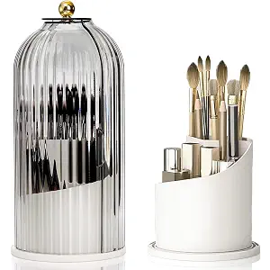 Makeup Brush Holder Organizer with Lids, 360°Rotating Clear Dustproof Make Up Brush Container Box, Vanity Spinning Cosmetic Tools Storage Cup for Desktop Office Bathroom Countertop