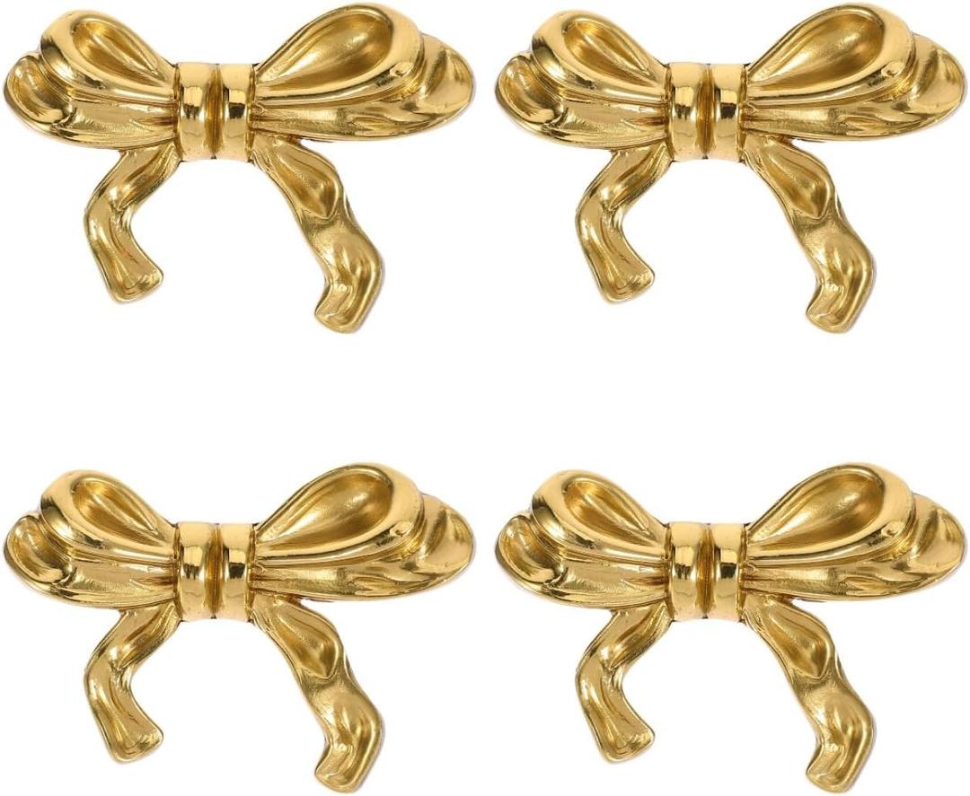 iplusmile 4 Pack Gold Bow Knobs, Solid Brass Dresser Drawer Pulls