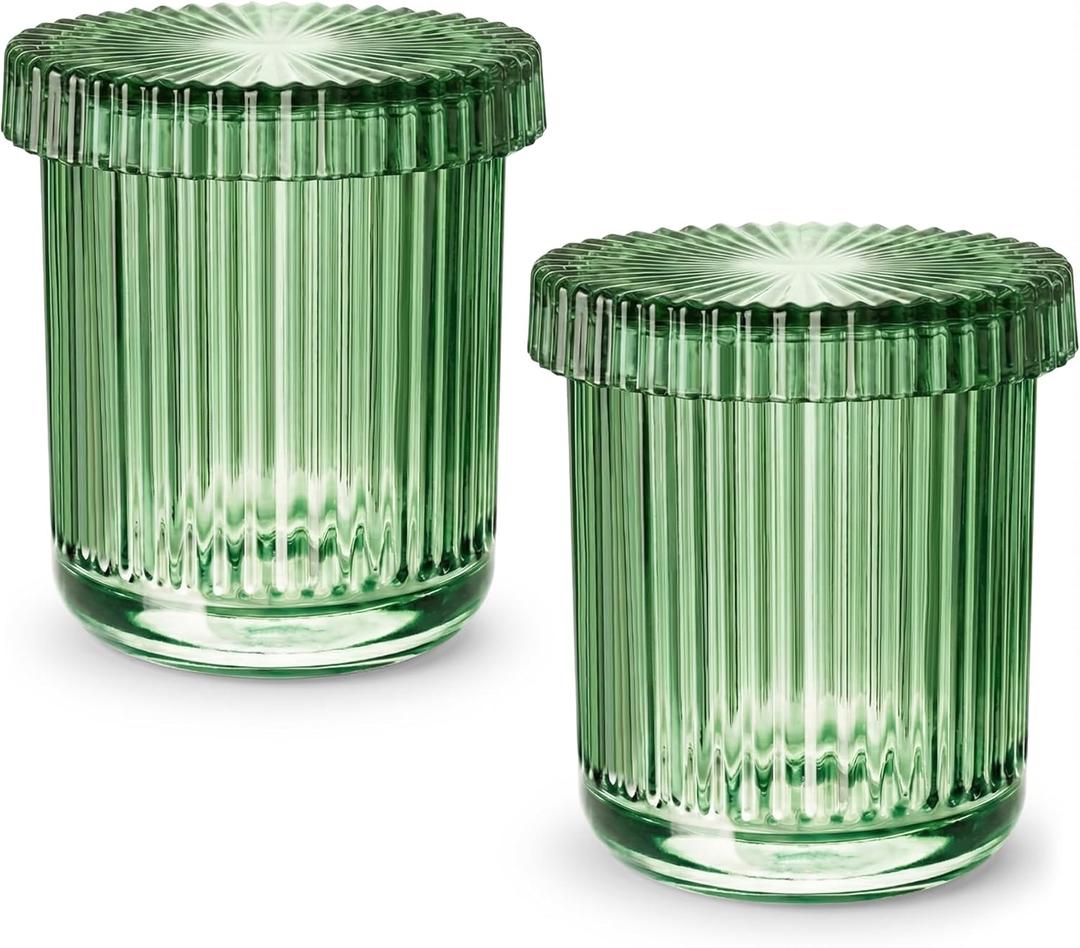2 Pack Qtip Holder - Apothecary Jars with Lids, Bathroom Organizers and Storage Canister for Cotton Balls,Swabs,Floss Picks,Hair Ties,Clear Glass Vintage Bathroom Decor Jar Set (Green)