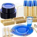 Nervure 350PCS Blue Plastic Plates - Blue Plastic Dinnerware Sets for 50 Guests - 100 Disposable Plates, 150 Gold Silverware, 50 Cups, 50 Napkins for Wedding & Party & Thanksgiving Day