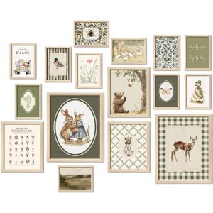 16 PCS Framed Woodland Nursery Wall Art Decor, Vintage Baby Girl & Boy Nursery Decor, Kid Toddler Room Bedroom Playroom Decor, Sage Green Animals Eclectic Gallery Wall Prints, Bear Duck Goose Rabbit