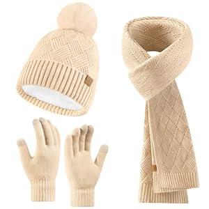 Winter Hats Scarf Gloves for women men,Winter Clothes Knitted Fleece Lined Beanie Thermal Gloves Long Scarf 