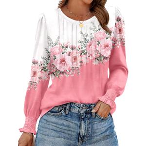 Zeagoo Womens Tops Puff Long Sleeve Shirts Dressy Casual Crew Neck Pleated Summer Fall Work Blouses 3XL