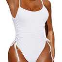 Pink Queen Womens Sexy One Piece Swimsuit High Leg Ruched Tummy Control Cheeky Bathing Suit Monokini White M
