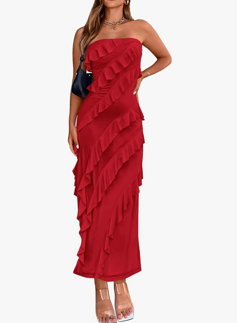 BTFBM Women Summer Elegant Strapless Midi Ruched Bodycon Dress Solid Color Stretch Mesh Slim Party Cocktail Dresses S