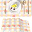 LilyCat Faux Leather Placemats Set of 6, Waterproof Oil-Proof Dining Table Mats for Kitchen, Indoor & Outdoor Heat Resistant Wipeable PU Place Mats, 18’’× 12’’, Strawberries and Small Flowers