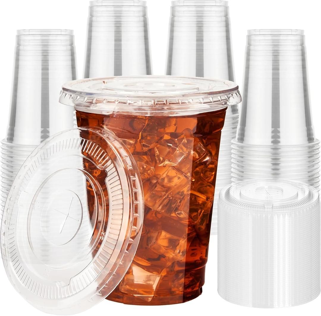 200 PACK 16oz Clear Plastic Cups with Lids, Disposable Cold Drinking Cups, 16 Ounce Large Clear Cup with Flat Lids with Holes for Smoothie, Milkshake, Bubble Tea, Parfait